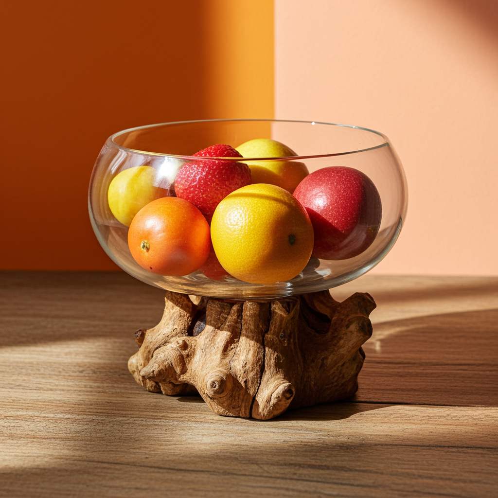 Molton Glass Open Top Large Bowl On Wooden Stand