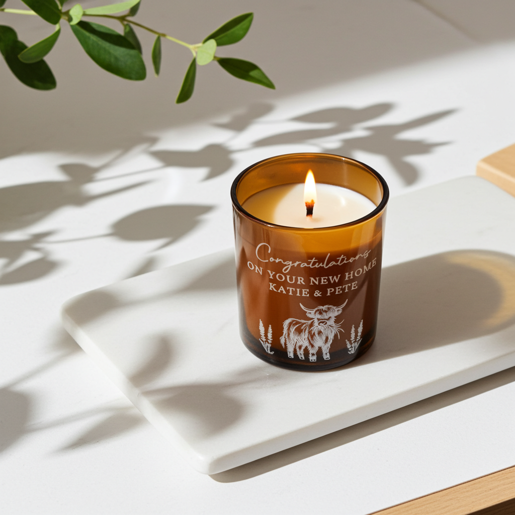 Highland Cow Personalised Amber Glass Vanilla Candle Jar | Custom Message Gift for Any Occasion - Artfully Curated Creations and identify whats in the image