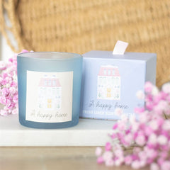 Fresh Linen Scented Candle "Happy Home" Gift Candle with House Illustration 20-Hour Burn, Glass Jar, Relaxing Clean Scent