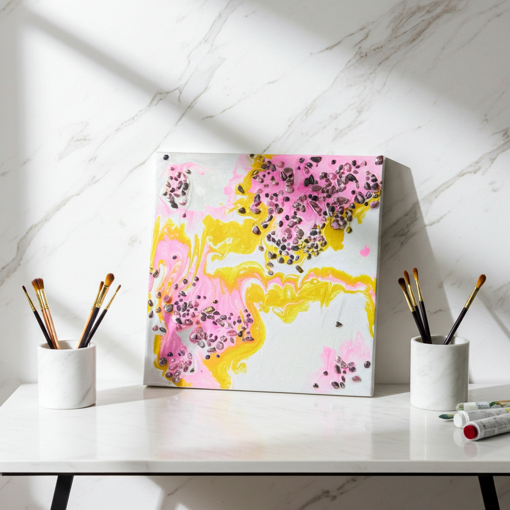 “Blush & Bloom” | Pink Gold & Pearl Resin Art with Rhodonite Gemstones | Imperfectly Perfect Handmade Wooden Canvas - Artfully Curated Creations and identify whats in the image