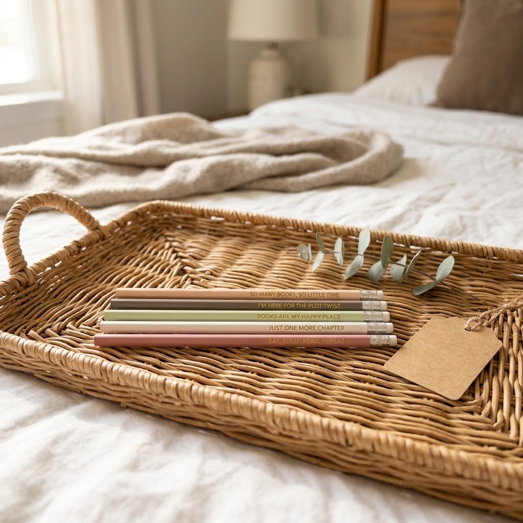 A natural woven wicker tray with handles sits on a bed, holding four pastel-colored pencils, a small eucalyptus sprig, and a blank kraft paper tag.
