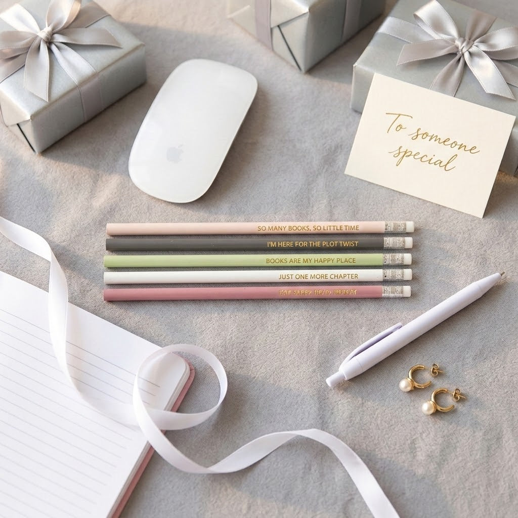 A styled flat-lay featuring a set of five pastel-colored pencils with gold lettering, a white pen, gold hoop earrings, and a card that reads 'To someone special', arranged on a gray fabric surface with gift boxes, a notebook, and a mouse as props.