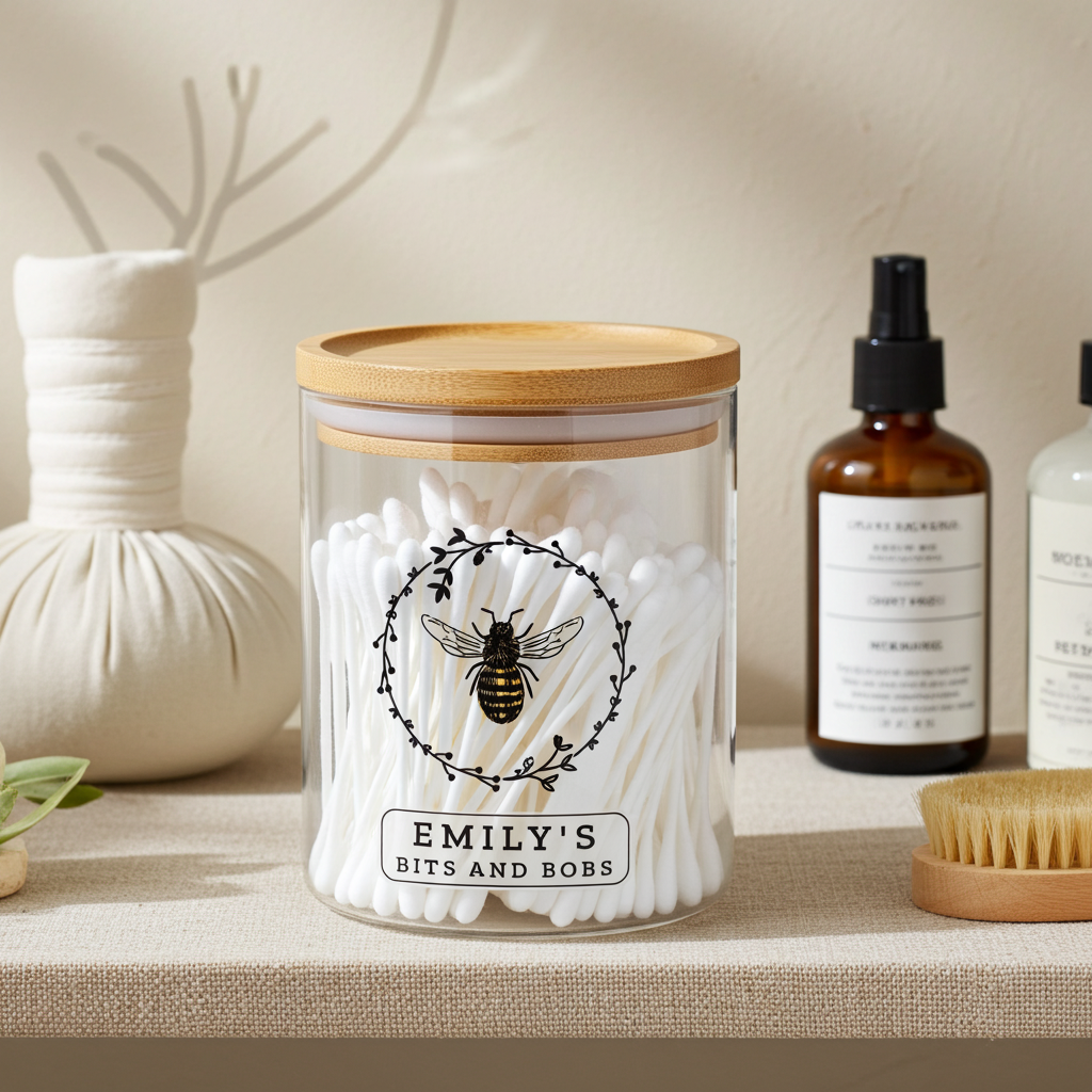Personalised Bee Glass Jar | A Sweet & Stylish Way to Store Your Essentials - Artfully Curated Creations and identify whats in the image