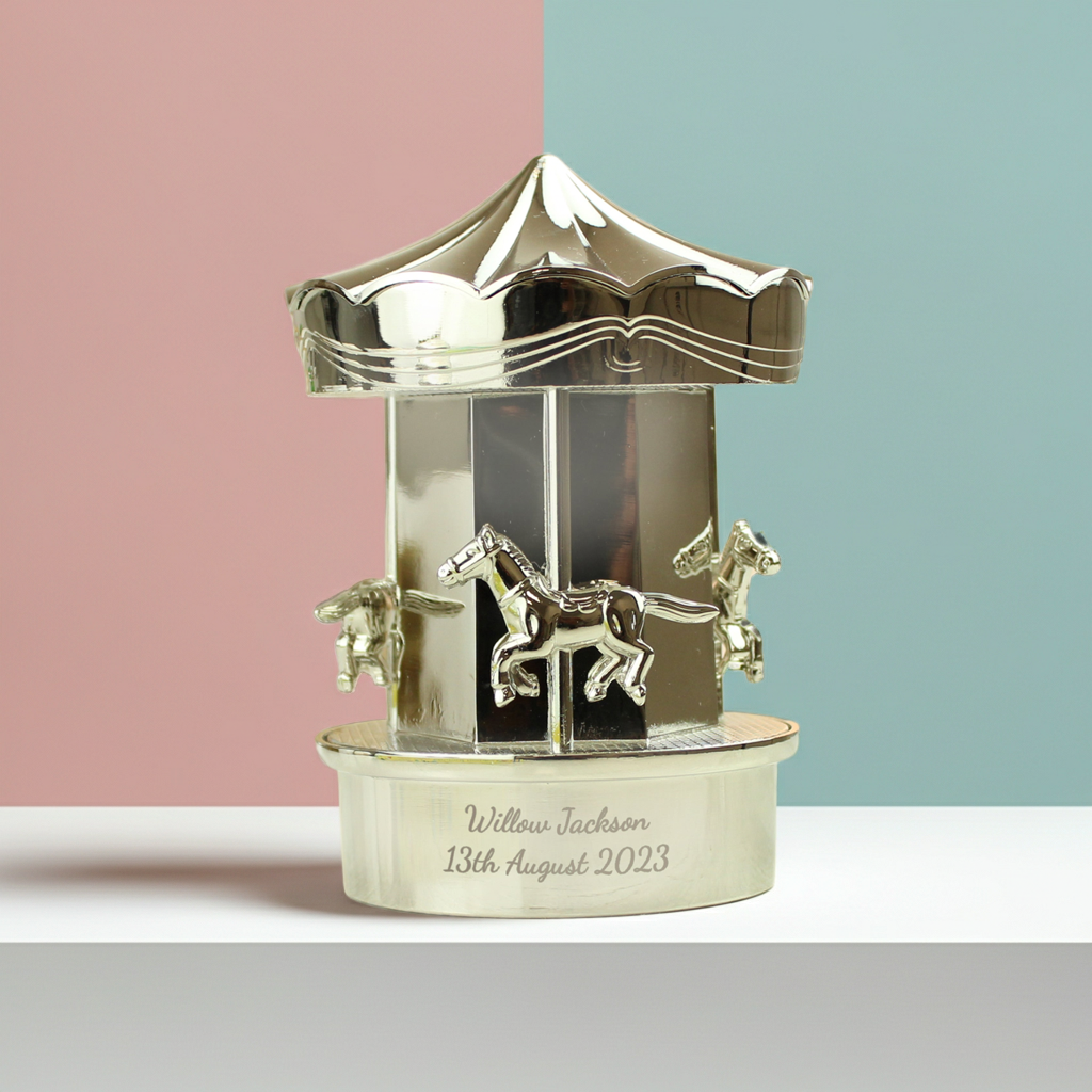 Personalised Silver Plated Carousel Money Box | Christening, Baptism and New Baby Gift - Artfully Curated Creations and identify whats in the image
