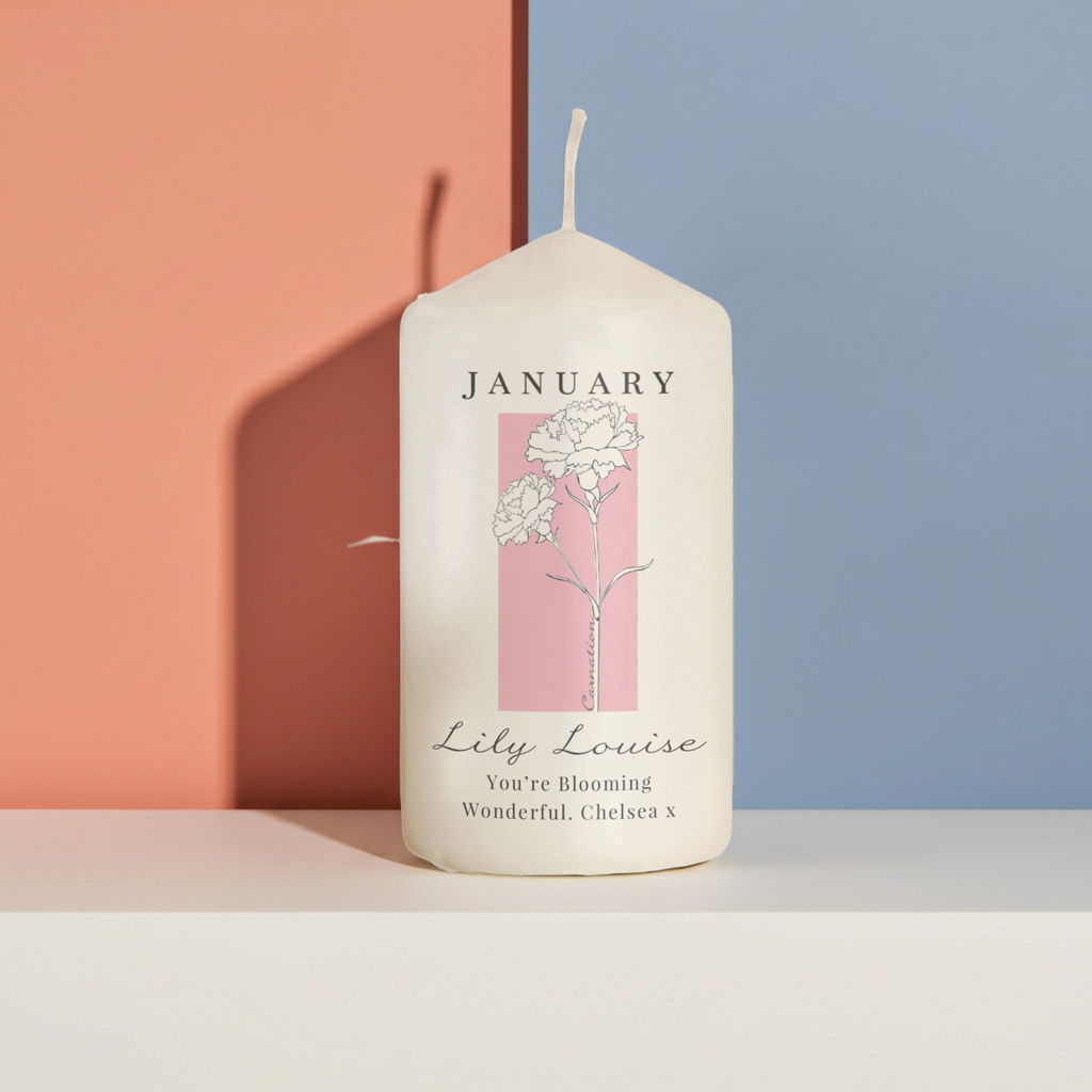 Personalised Birth Flower Pillar Candle | Handmade | A personal gift - Artfully Curated Creations and identify whats in the image