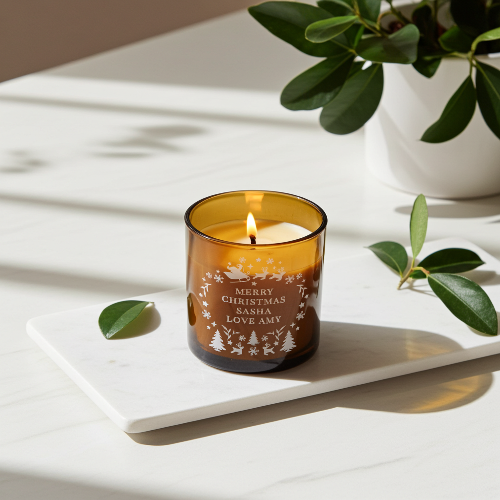 Personalised Amber Glass Vanilla Candle Jar | Custom Christmas Gift - Artfully Curated Creations and identify whats in the image