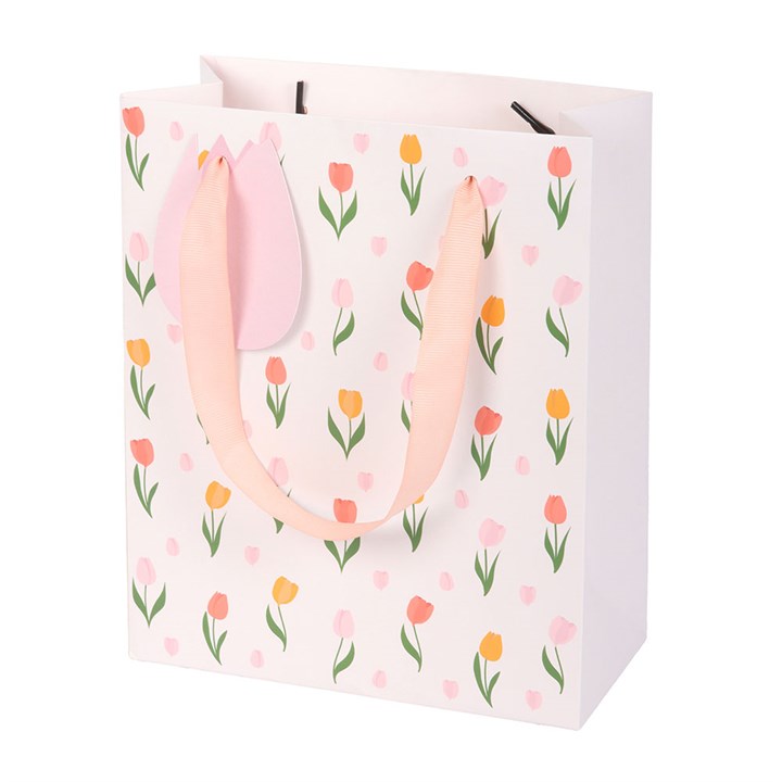 Tulip Gift Bag for Mum | Floral Paper Gift Bag | Mother’s Day Gift Packaging | 23cm | Bright Spring Design - Artfully Curated Creations and identify whats in the image