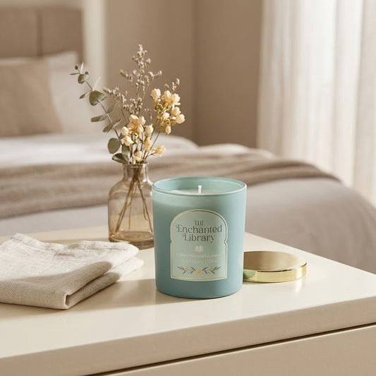 A light blue candle in a glass jar sits on a white bedside table next to a folded beige towel, a small vase with dried flowers, and a gold-toned lid in a softly lit bedroom setting.