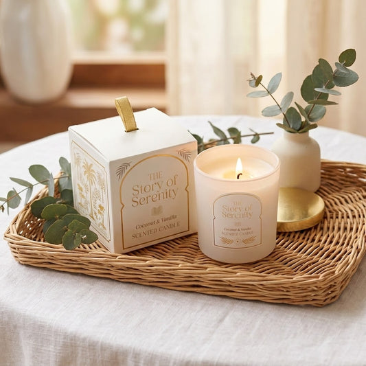 A lit scented candle in a frosted glass jar sits on a woven tray beside its matching cream-colored box, styled with eucalyptus branches and a small vase in a softly lit indoor setting.