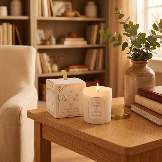 A lit white scented candle and its matching cream-colored box sit on a wooden table in a cozy, warmly lit living room setting with a bookshelf, armchair, and a vase of greenery in the background.