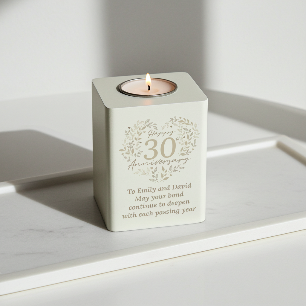 Personalised 30th Anniversary Tealight Holder | Pearl Anniversary Keepsake - Artfully Curated Creations and identify whats in the image