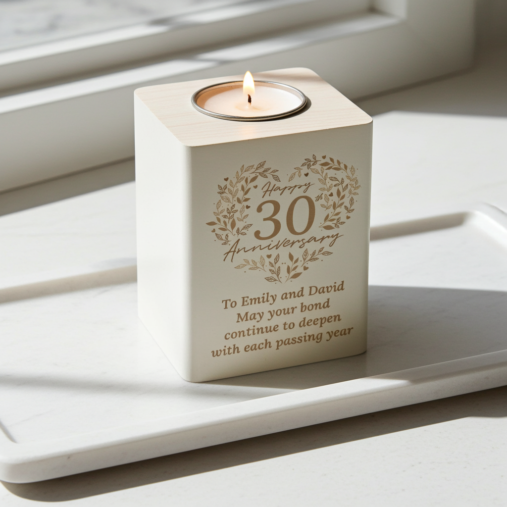 Personalised 30th Anniversary Tealight Holder | Pearl Anniversary Keepsake - Artfully Curated Creations and identify whats in the image