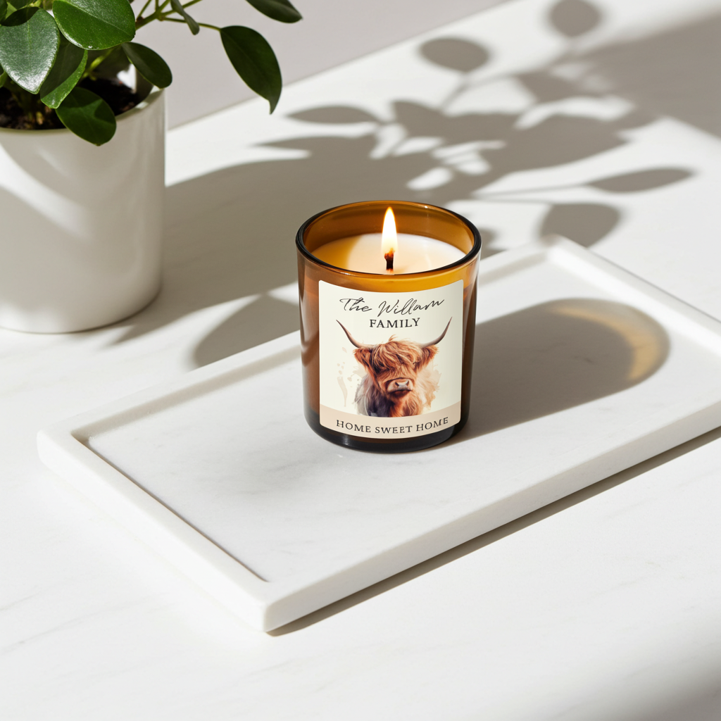 Personalised Highland Cow Amber Glass Vanilla Candle Jar | Custom Message Gift for Any Occasion - Artfully Curated Creations and identify whats in the image