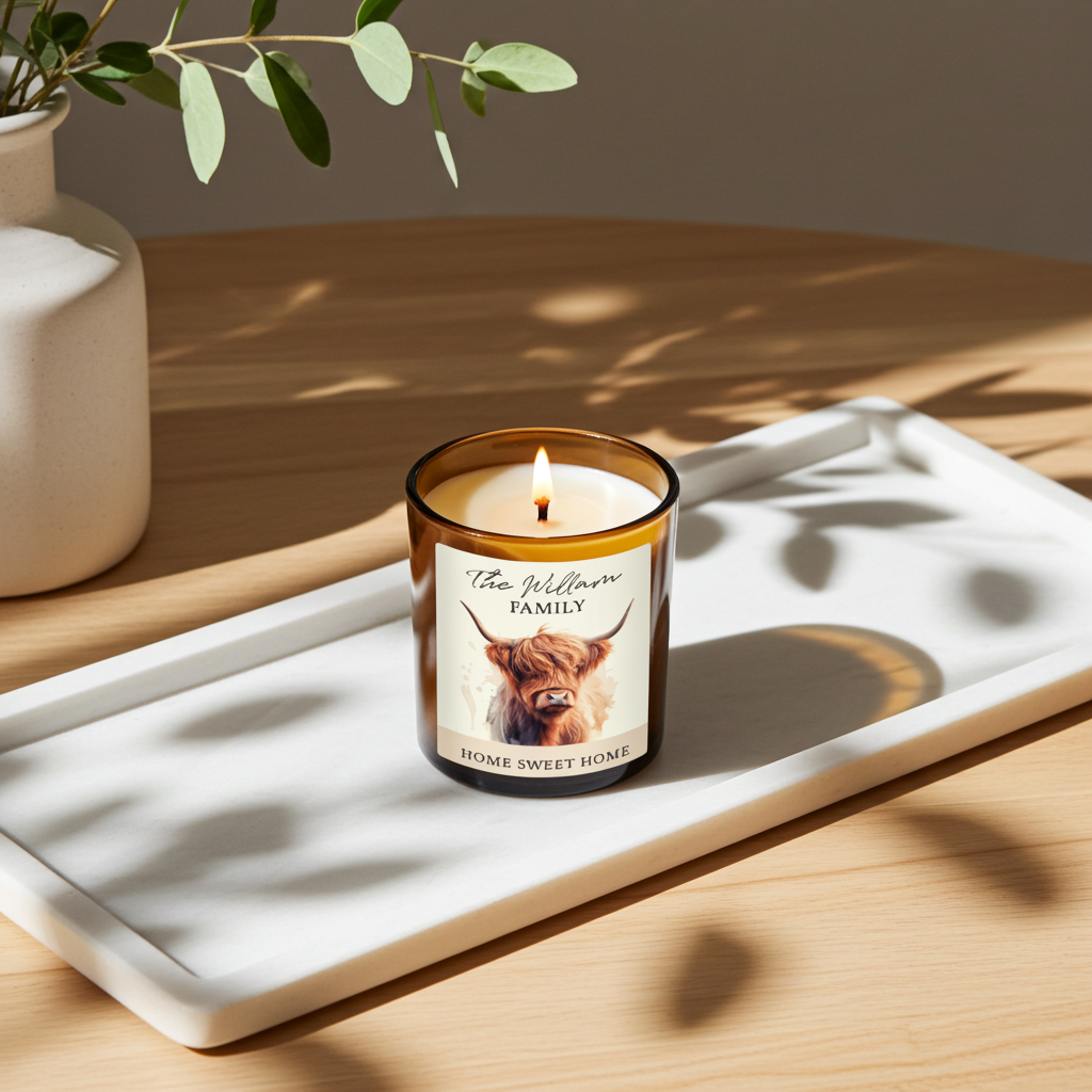 Personalised Highland Cow Amber Glass Vanilla Candle Jar | Custom Message Gift for Any Occasion - Artfully Curated Creations and identify whats in the image