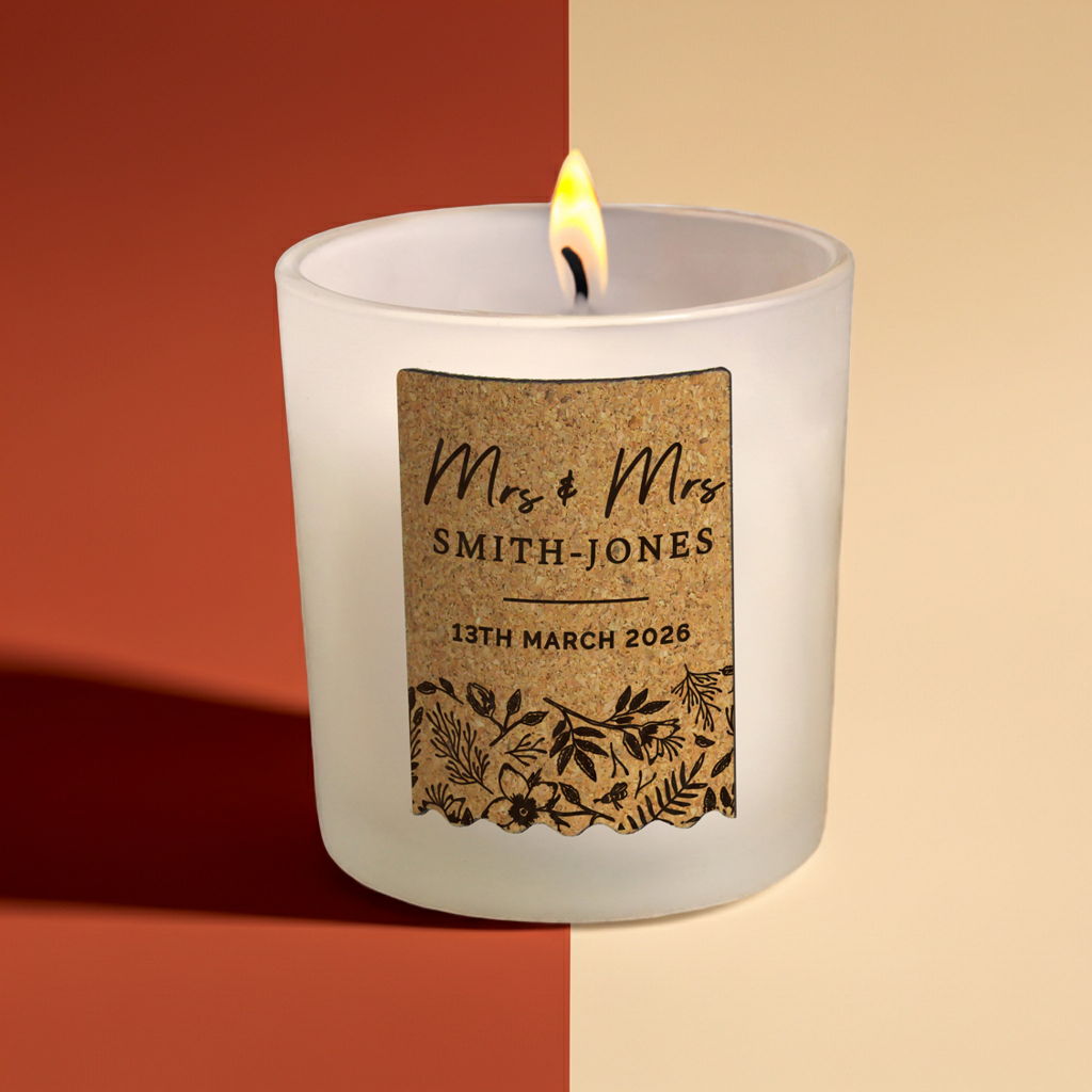 Personalised Wedding Cork Label Vanilla Candle |  Custom Keepsake Gift for Newlyweds - Artfully Curated Creations and identify whats in the image
