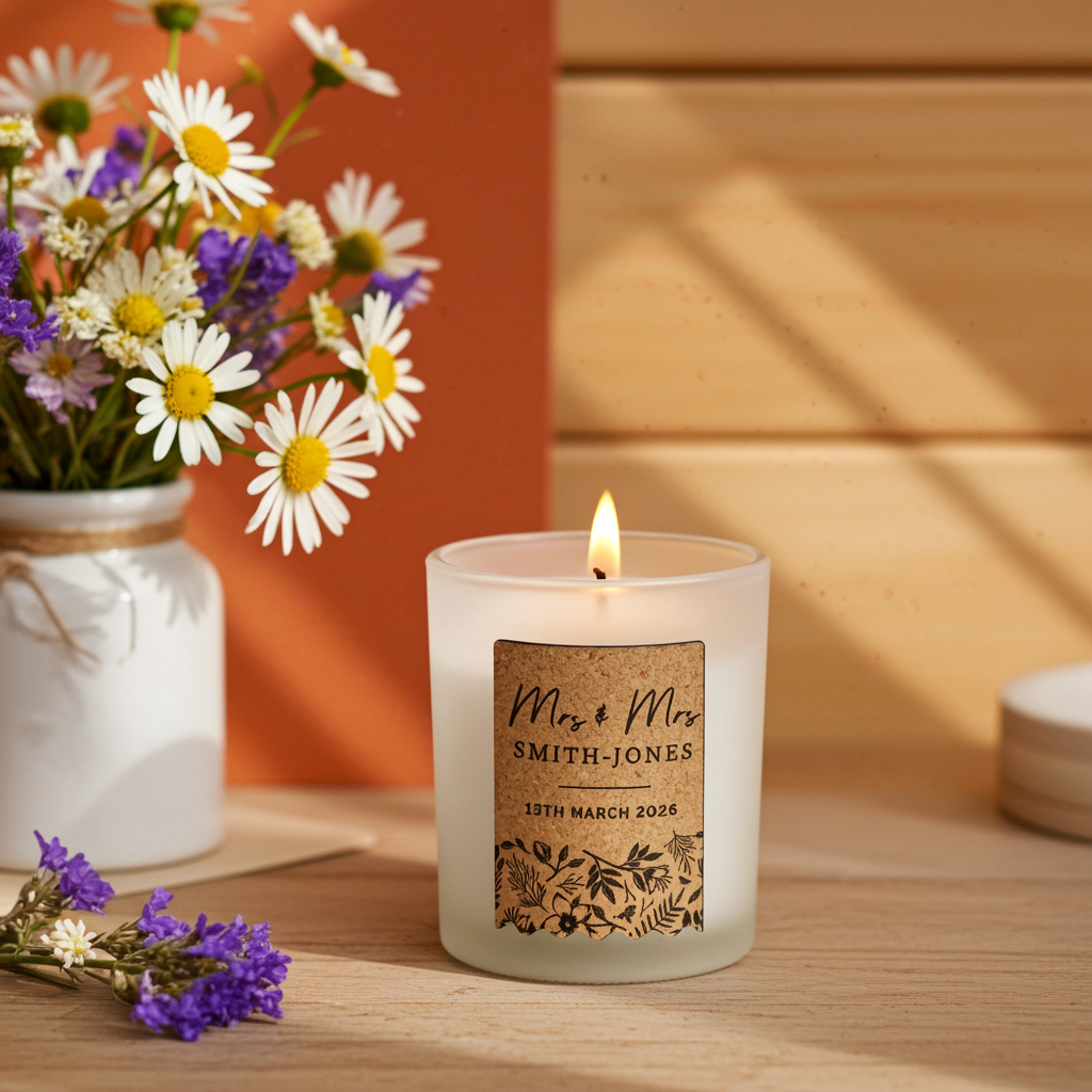 Personalised Wedding Cork Label Vanilla Candle |  Custom Keepsake Gift for Newlyweds - Artfully Curated Creations and identify whats in the image