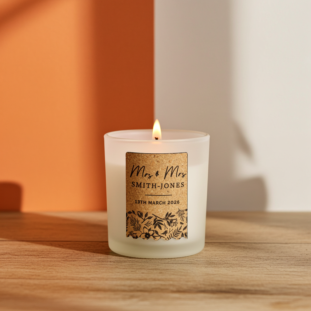 Personalised Wedding Cork Label Vanilla Candle |  Custom Keepsake Gift for Newlyweds - Artfully Curated Creations and identify whats in the image