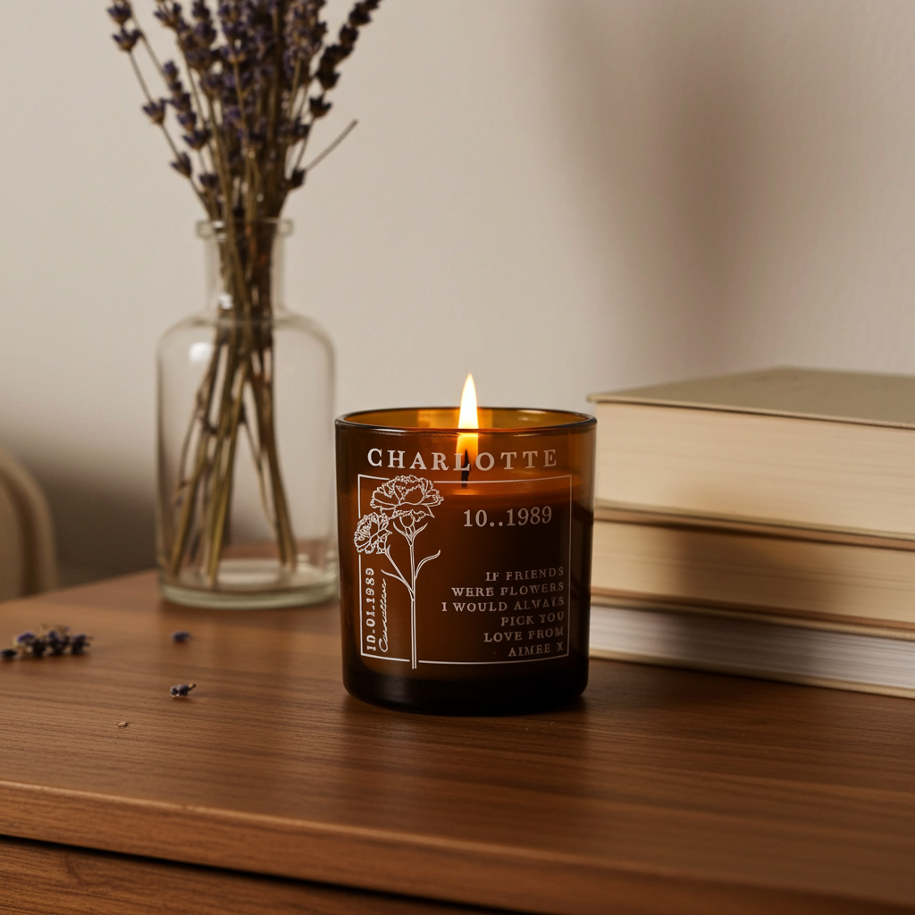 Personalised Birth Flower Candle in Amber Glass Jar | Handmade | A personal gift