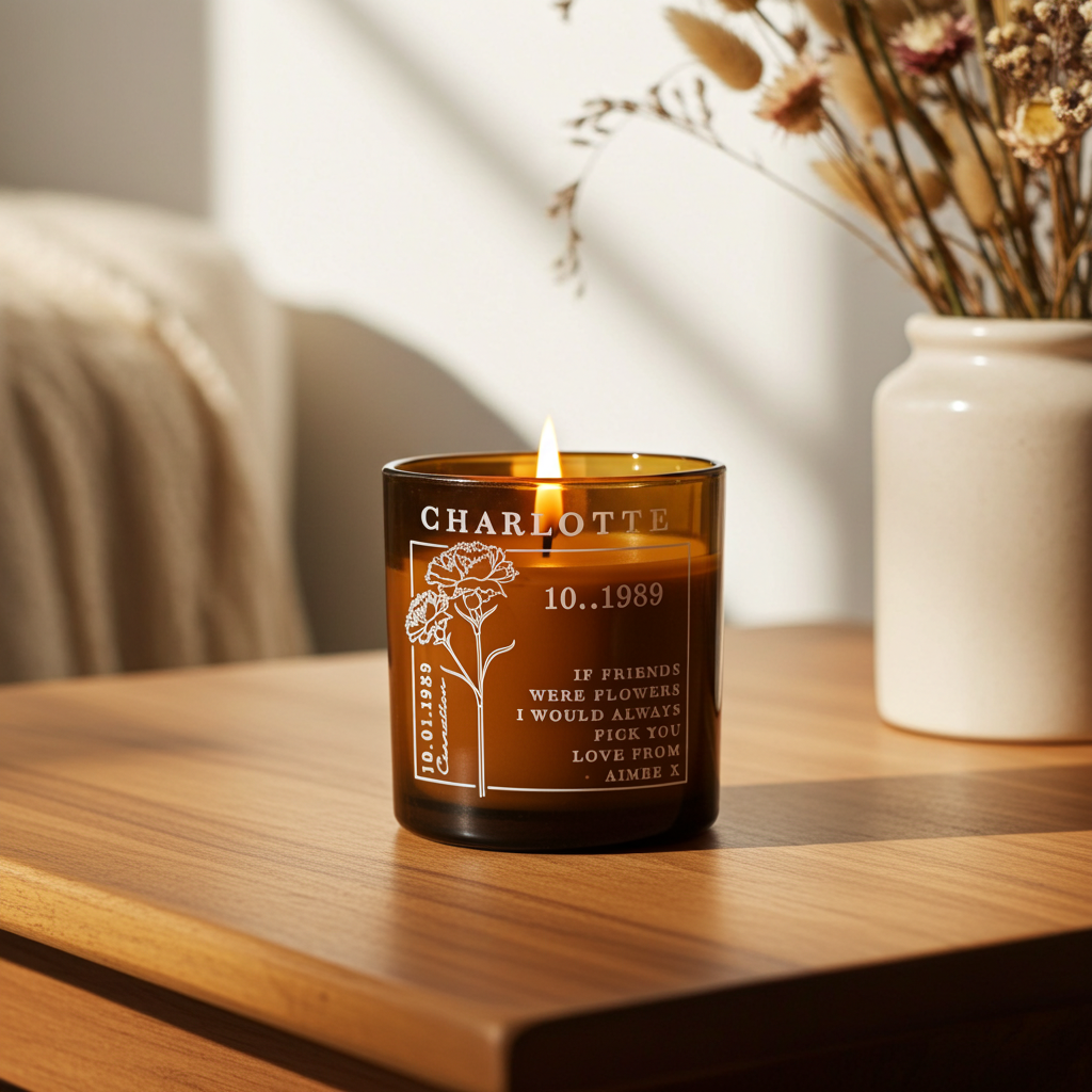 Personalised Birth Flower Candle in Amber Glass Jar | Handmade | A personal gift