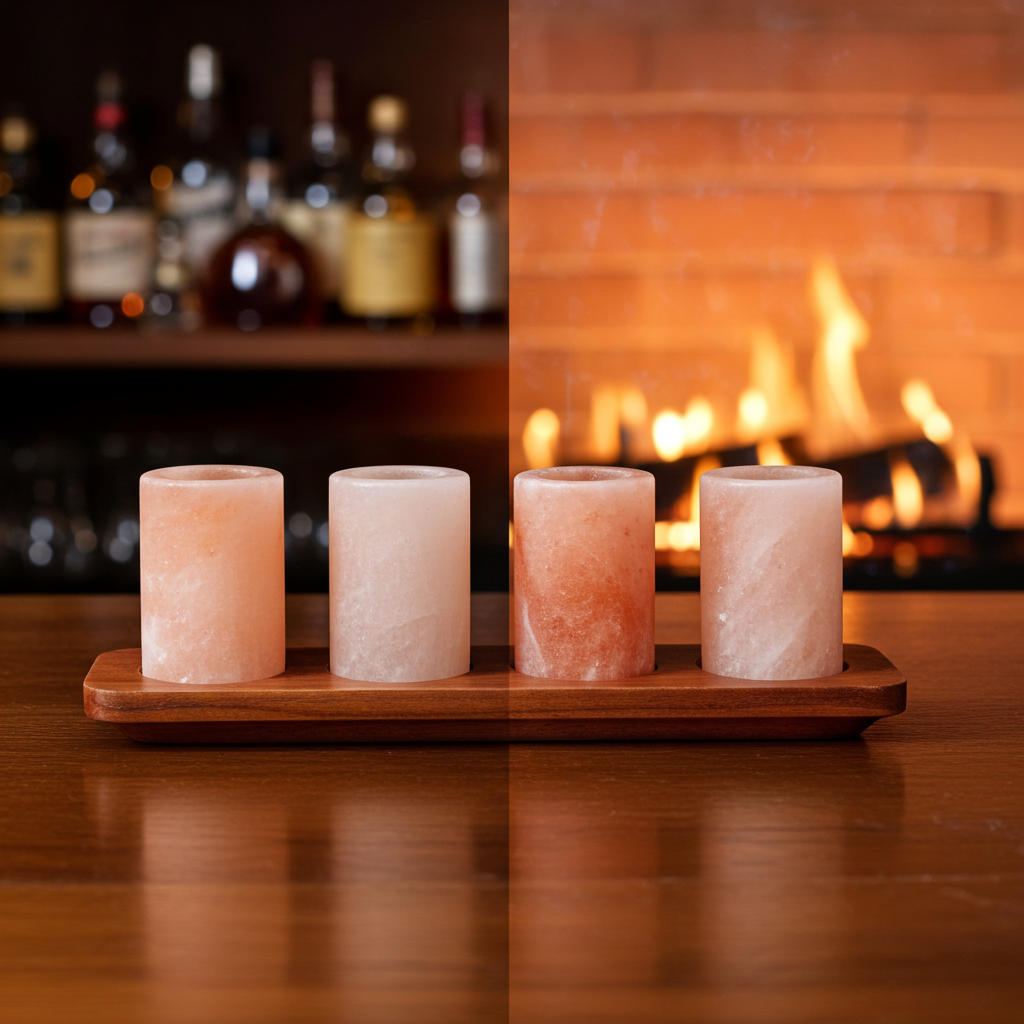 Four Himalayan salt candles on a wooden tray with a fireplace in the background