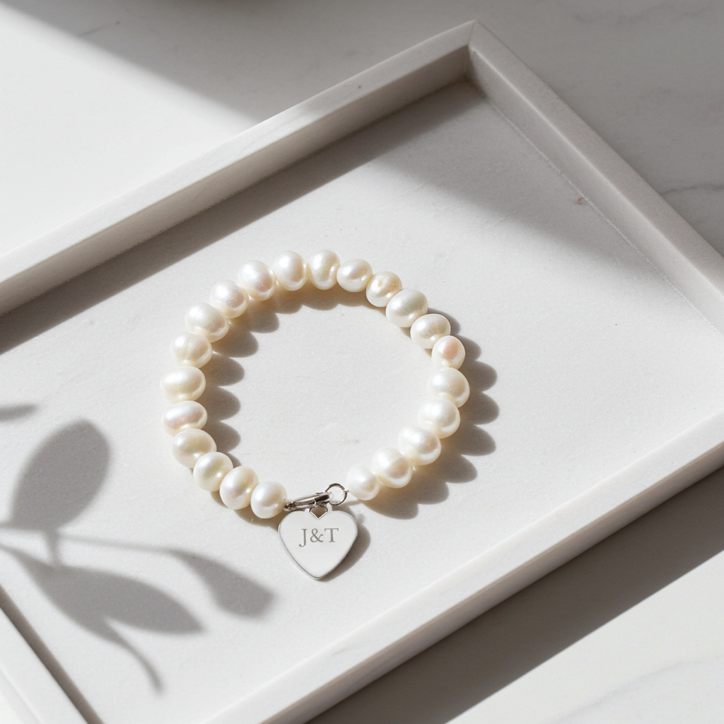 Personalised Pearl Bracelet | Engraved Chrome Gift Box for Anniversaries & Special Occasions - Artfully Curated Creations and identify whats in the image