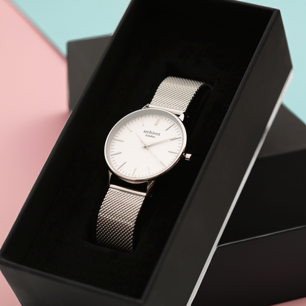 Personalised Ladies Blanc Luxury Handcrafted Watch By Architect London with Stainless Steel Silver Case, Mesh Strap & Gift Box | Modern Font Engraving | A Personal Gift