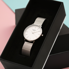 Personalised Ladies Blanc Luxury Handcrafted Watch By Architect London with Stainless Steel Silver Case, Mesh Strap & Gift Box | Modern Font Engraving | A Personal Gift