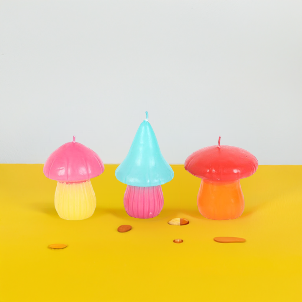 Set of 3 Mushroom Shaped Candles Colourful Unscented Decor Candles Cottagecore, Fairycore, Whimsical Home Styling