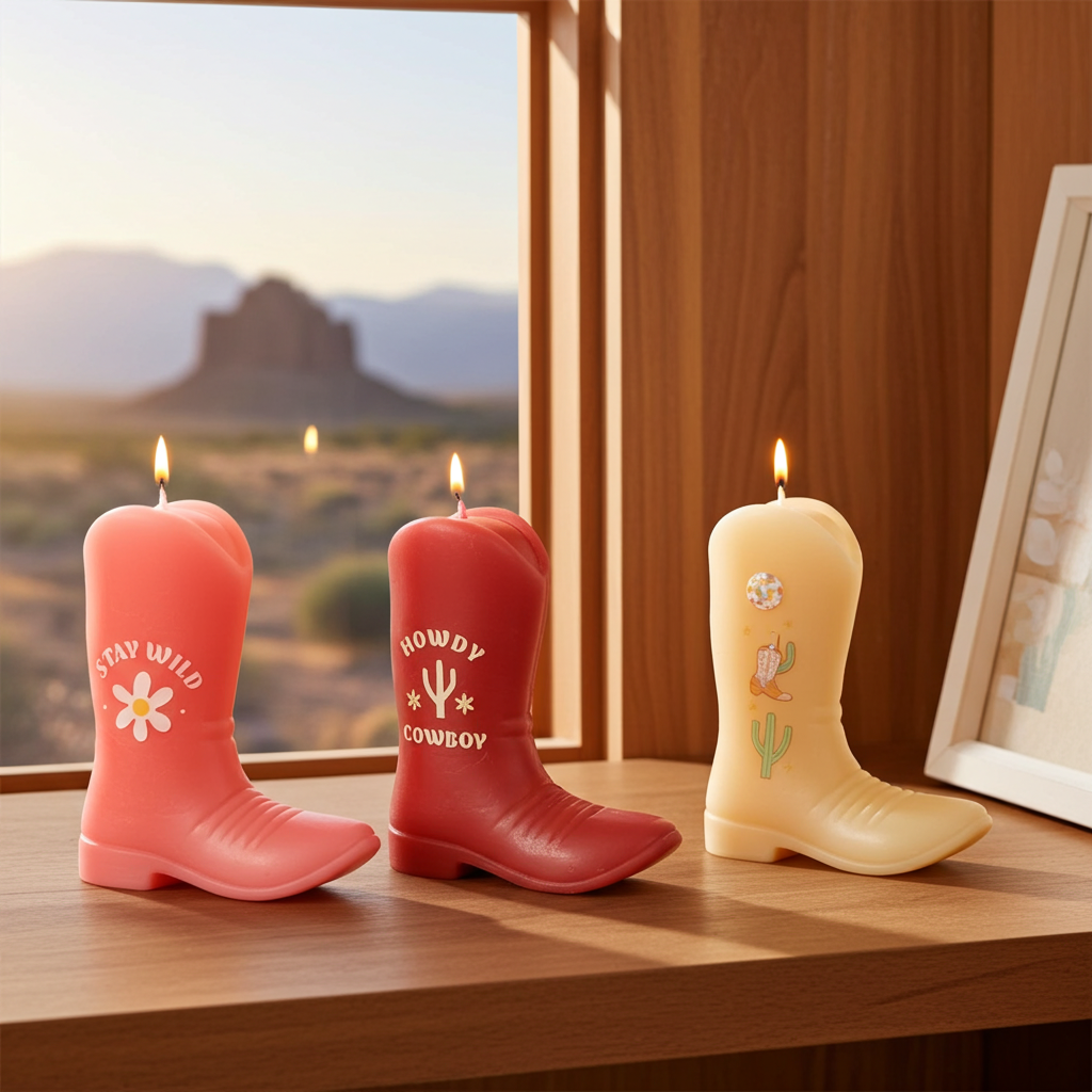 Howdy Cowboy Set of 3 Cowboy Boot Candles Pink Western Decor Unscented Paraffin Wax Novelty Candles with Fun Sayings, Drip-Style