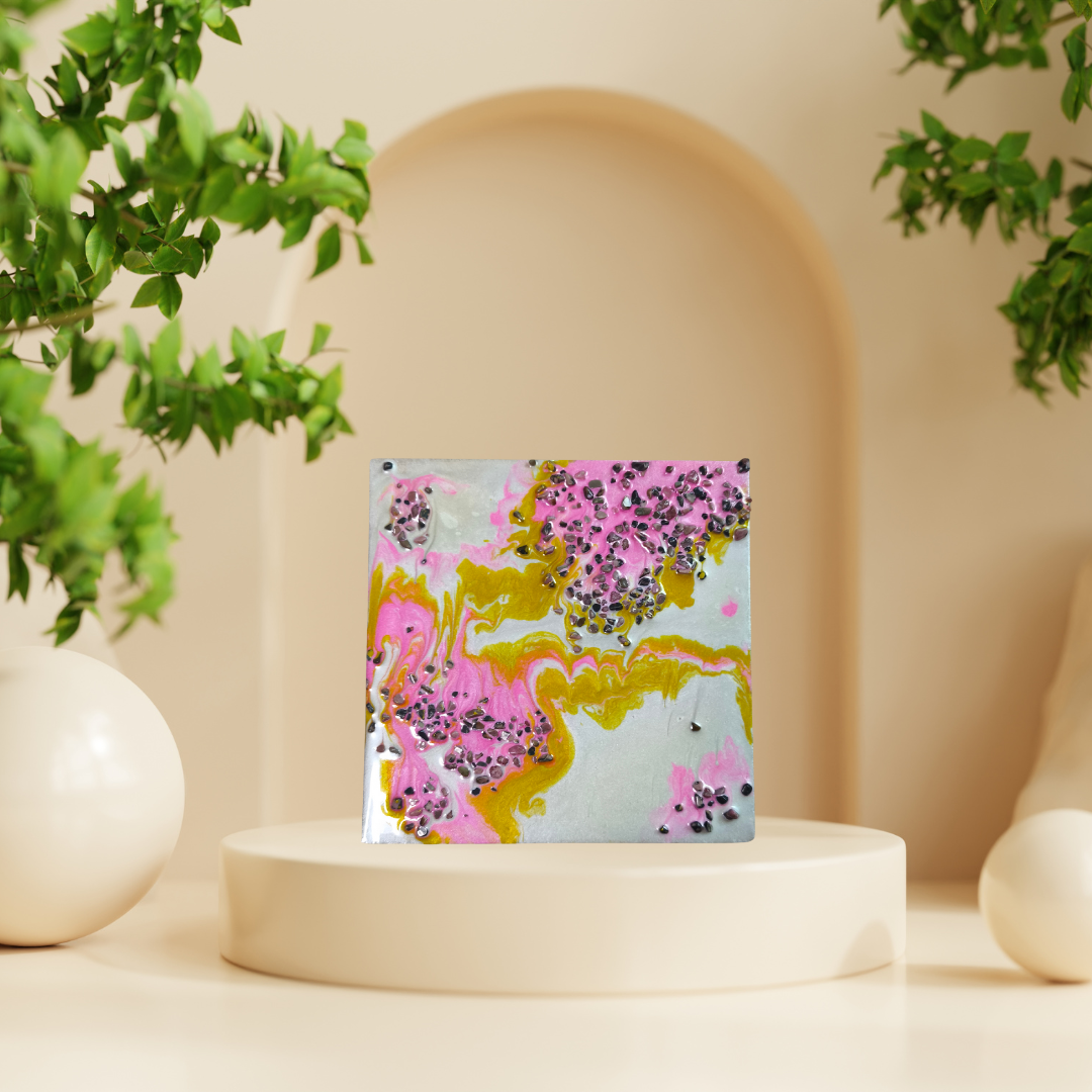 “Blush & Bloom” | Pink Gold & Pearl Resin Art with Rhodonite Gemstones | Imperfectly Perfect Handmade Wooden Canvas - Artfully Curated Creations and identify whats in the image