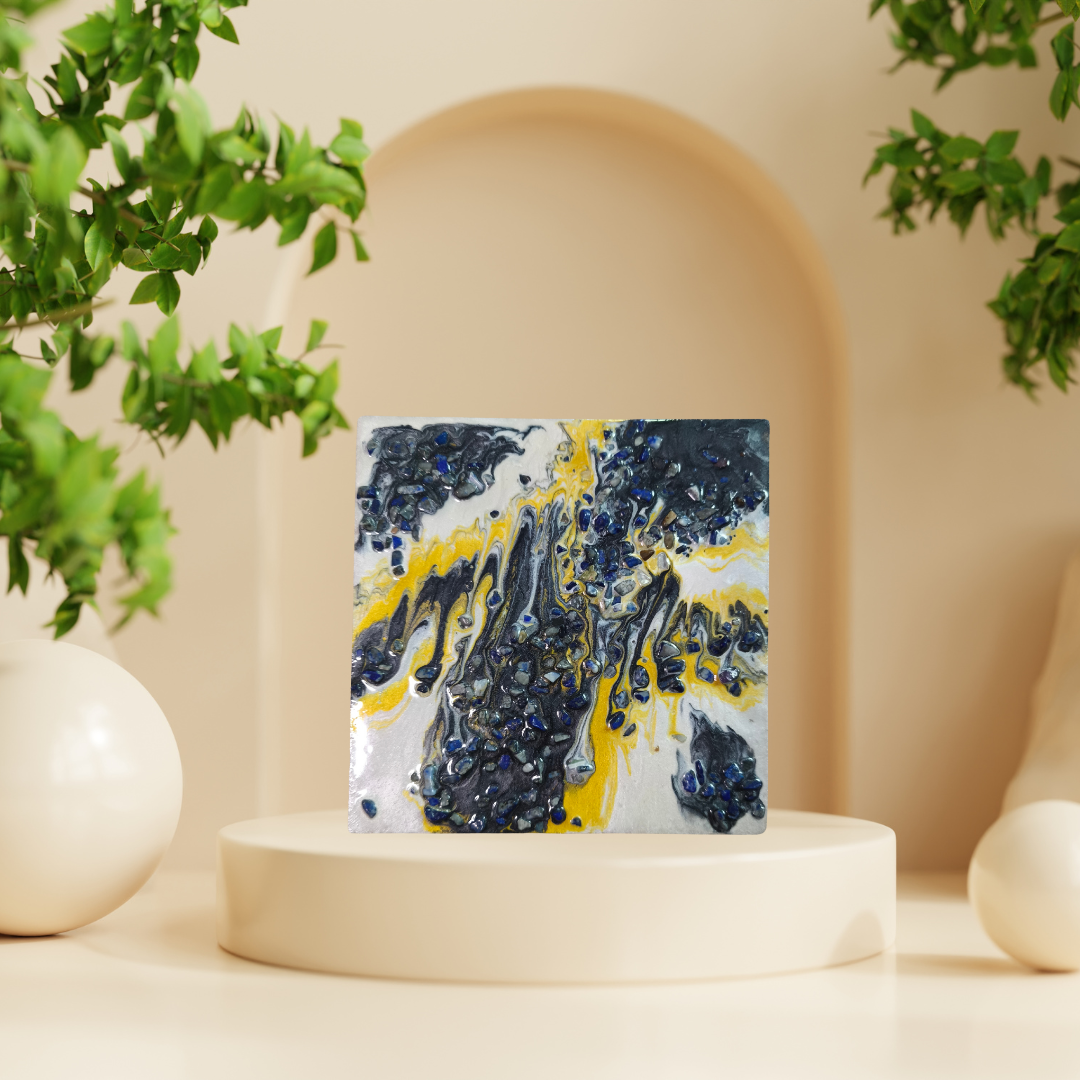 “Midnight Bloom” | Black, Gold & Pearl Resin Art with Lapis Lazuli Gemstones | Imperfectly Perfect Handmade Wooden Canvas - Artfully Curated Creations and identify whats in the image