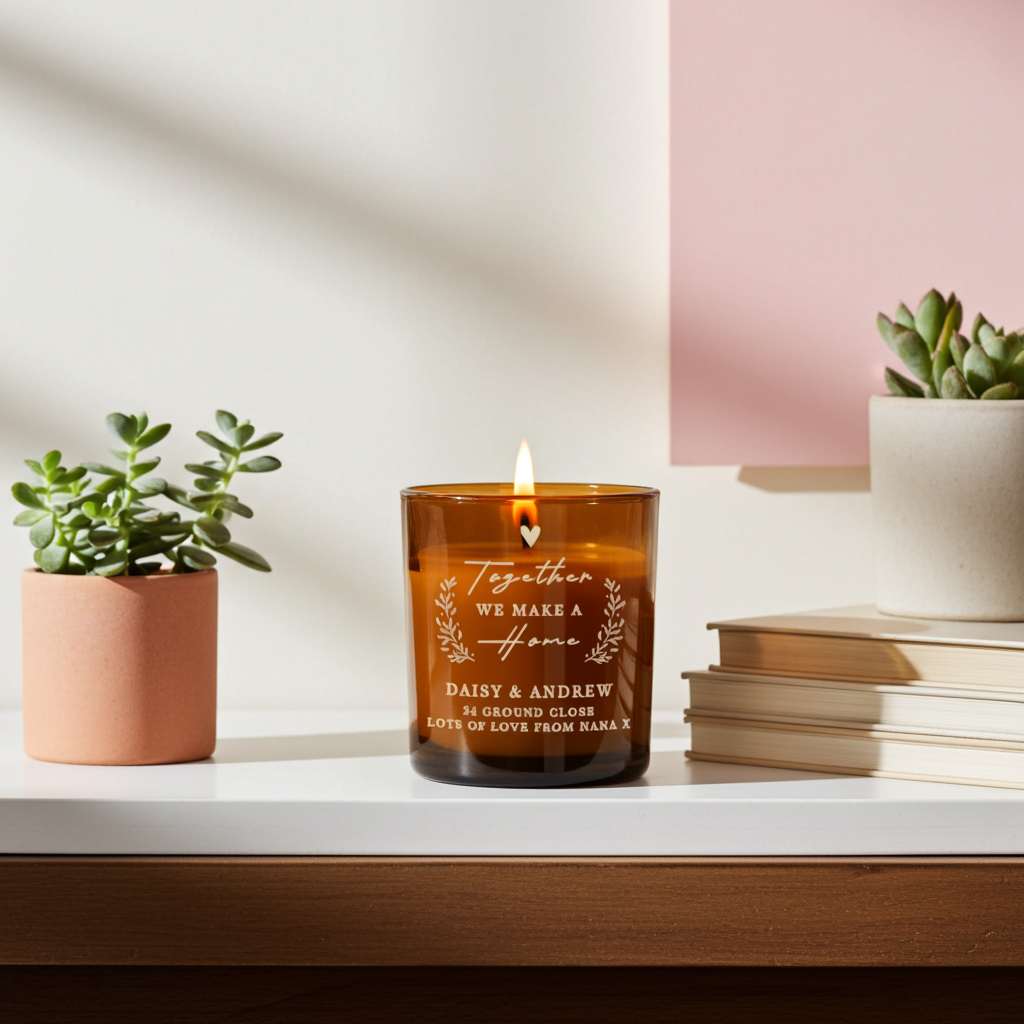 Personalised “Together We Make a Home” Amber Glass Candle Jar | Custom Housewarming Gift - Artfully Curated Creations and identify whats in the image