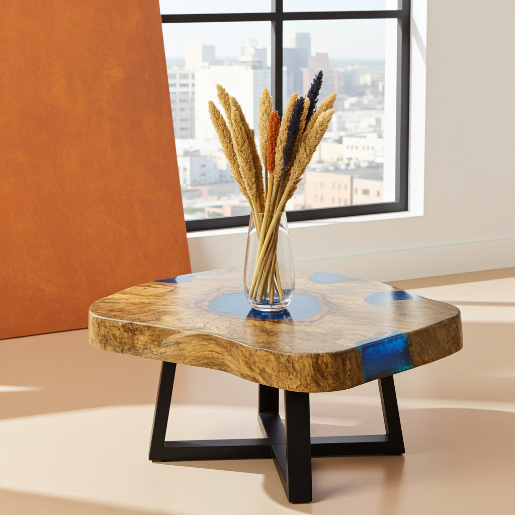 Tamarind Wood and Resin Coffee Table – Handmade, Durable, Unique Patterns, Aqua Sky Blue Resin, Rustic Modern Design
