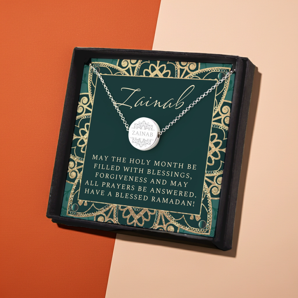 Personalised Eid Silver Disc Necklace | Engraved Pendant & Sentiment Card Gift Box - Artfully Curated Creations and identify whats in the image