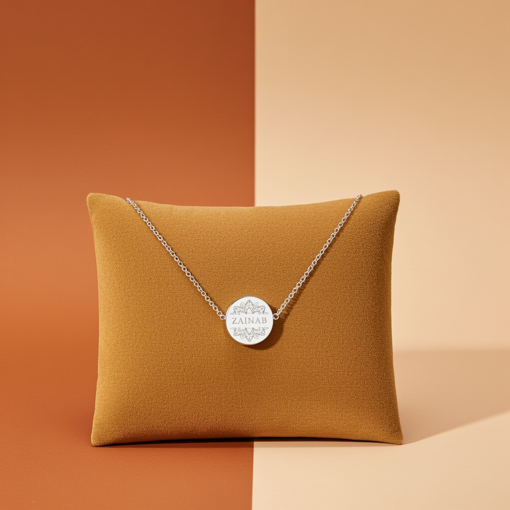 Personalised Eid Silver Disc Necklace | Engraved Pendant & Sentiment Card Gift Box - Artfully Curated Creations and identify whats in the image