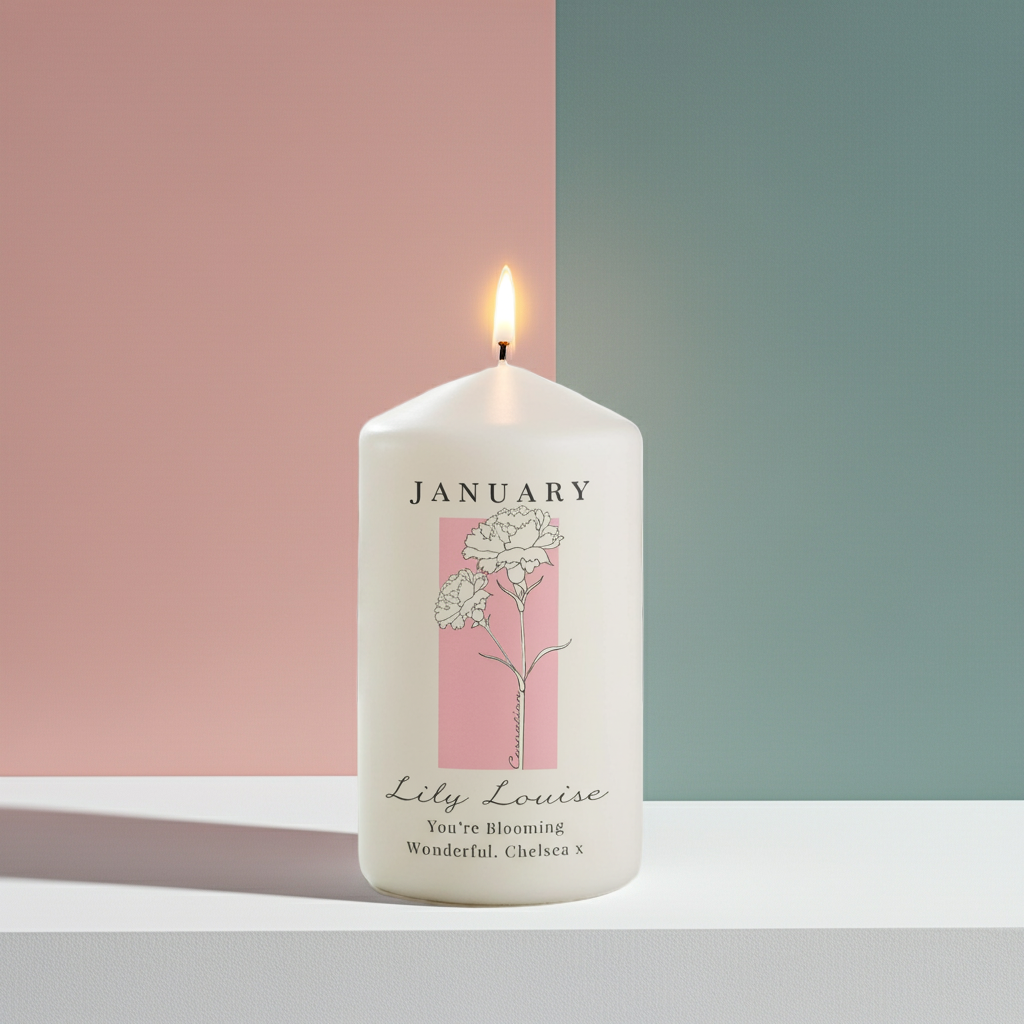 Personalised Birth Flower Pillar Candle | Handmade | A personal gift - Artfully Curated Creations and identify whats in the image