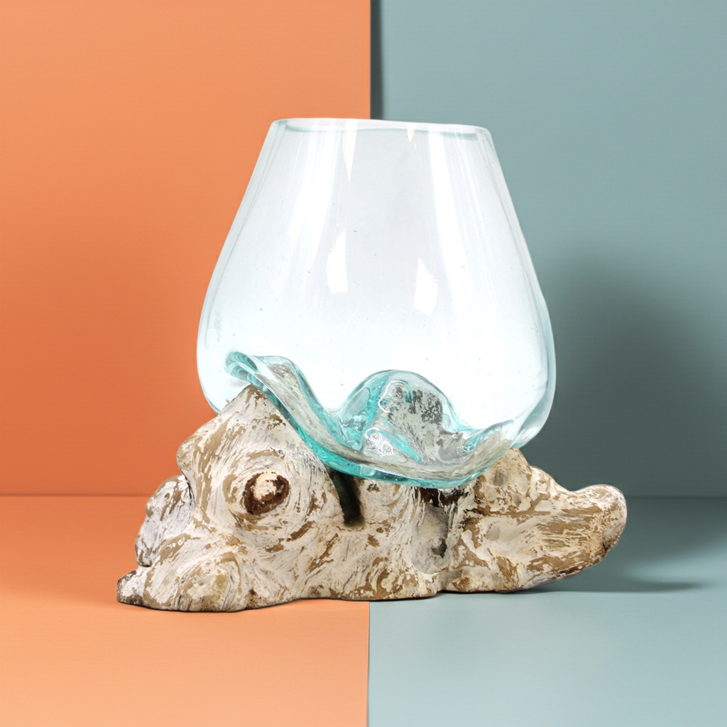 Molton Glass Large Bowl On A Whitewashed Wooden Stand