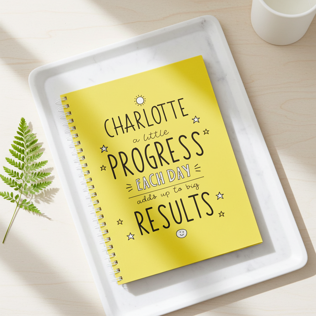 Yellow notebook with motivational quote on a white tray with a plant and cup in the background
