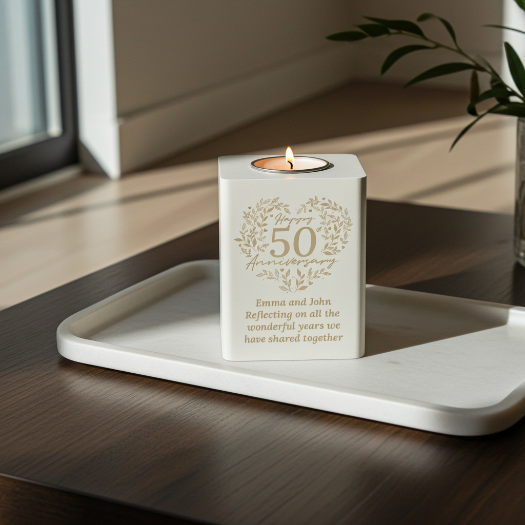 Personalised 50th Anniversary Tealight Holder | Golden Anniversary Keepsake - Artfully Curated Creations and identify whats in the image