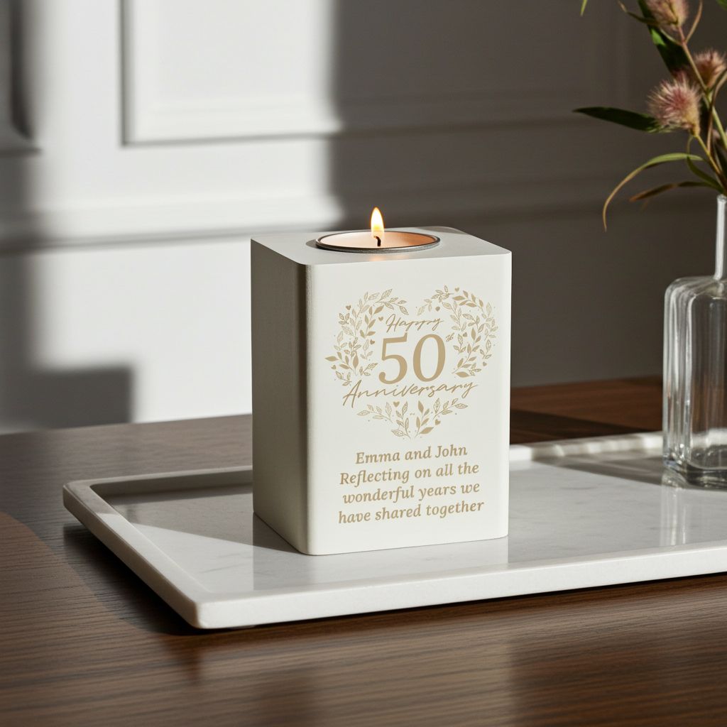 Personalised 50th Anniversary Tealight Holder | Golden Anniversary Keepsake - Artfully Curated Creations and identify whats in the image