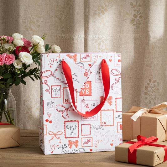 Love Letter Gift Bag | 23cm Valentine’s Paper Gift Bag | Postage Stamp Print | Romantic Gift Packaging