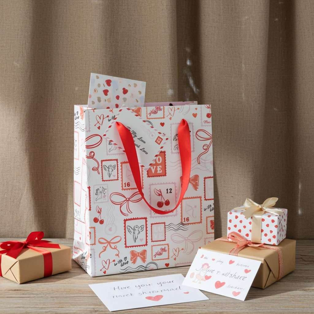 Love Letter Gift Bag | 23cm Valentine’s Paper Gift Bag | Postage Stamp Print | Romantic Gift Packaging