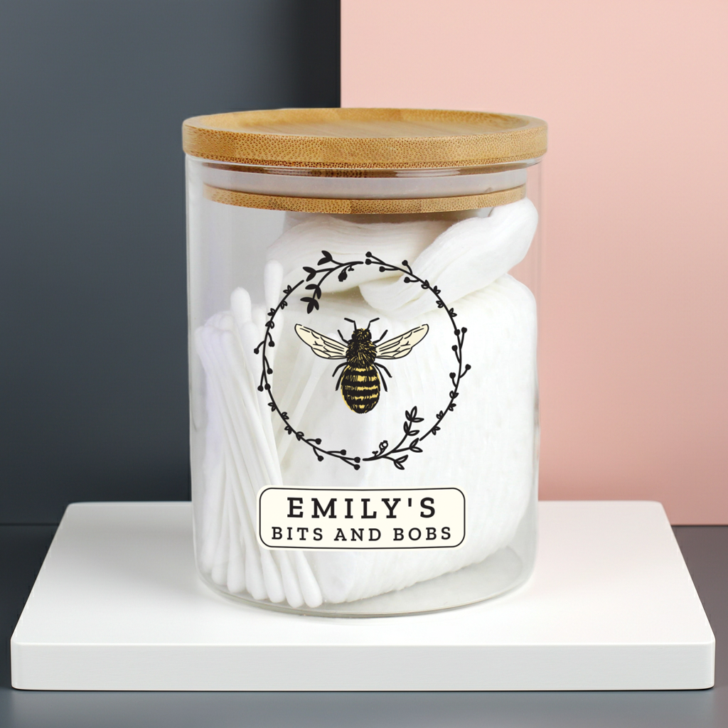 Personalised Bee Glass Jar | A Sweet & Stylish Way to Store Your Essentials - Artfully Curated Creations and identify whats in the image