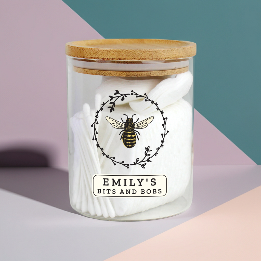 Personalised Bee Glass Jar | A Sweet & Stylish Way to Store Your Essentials - Artfully Curated Creations and identify whats in the image