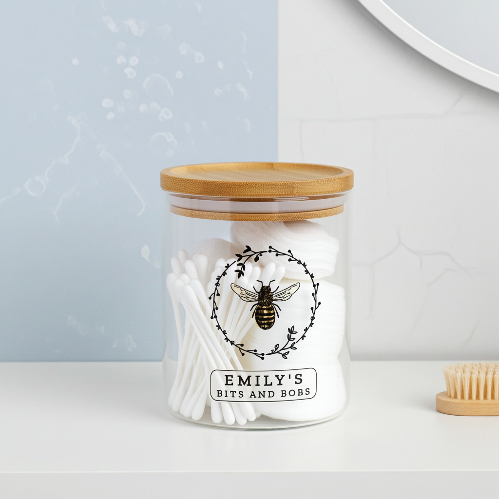 Personalised Bee Glass Jar | A Sweet & Stylish Way to Store Your Essentials - Artfully Curated Creations and identify whats in the image