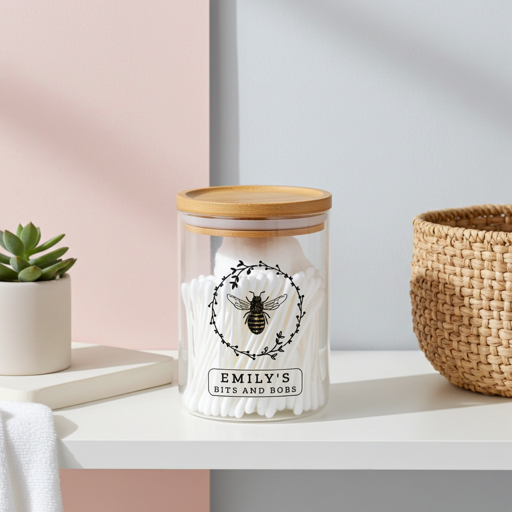 Personalised Bee Glass Jar | A Sweet & Stylish Way to Store Your Essentials - Artfully Curated Creations and identify whats in the image