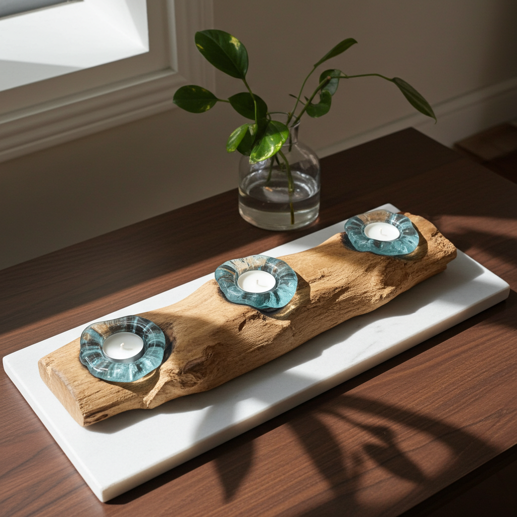 Molton Glass Flat Triple Candle Holder On Wood