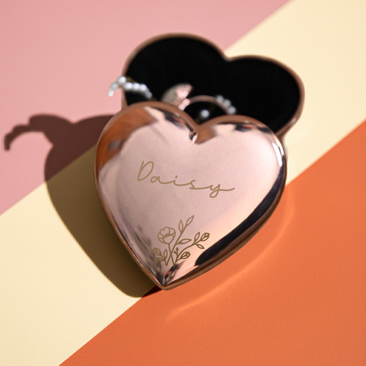 Personalised Rose Gold Heart Trinket Box | A Beautiful Keepsake for Someone Special - Artfully Curated Creations and identify whats in the image
