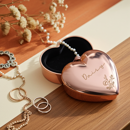 Personalised Rose Gold Heart Trinket Box | A Beautiful Keepsake for Someone Special - Artfully Curated Creations and identify whats in the image