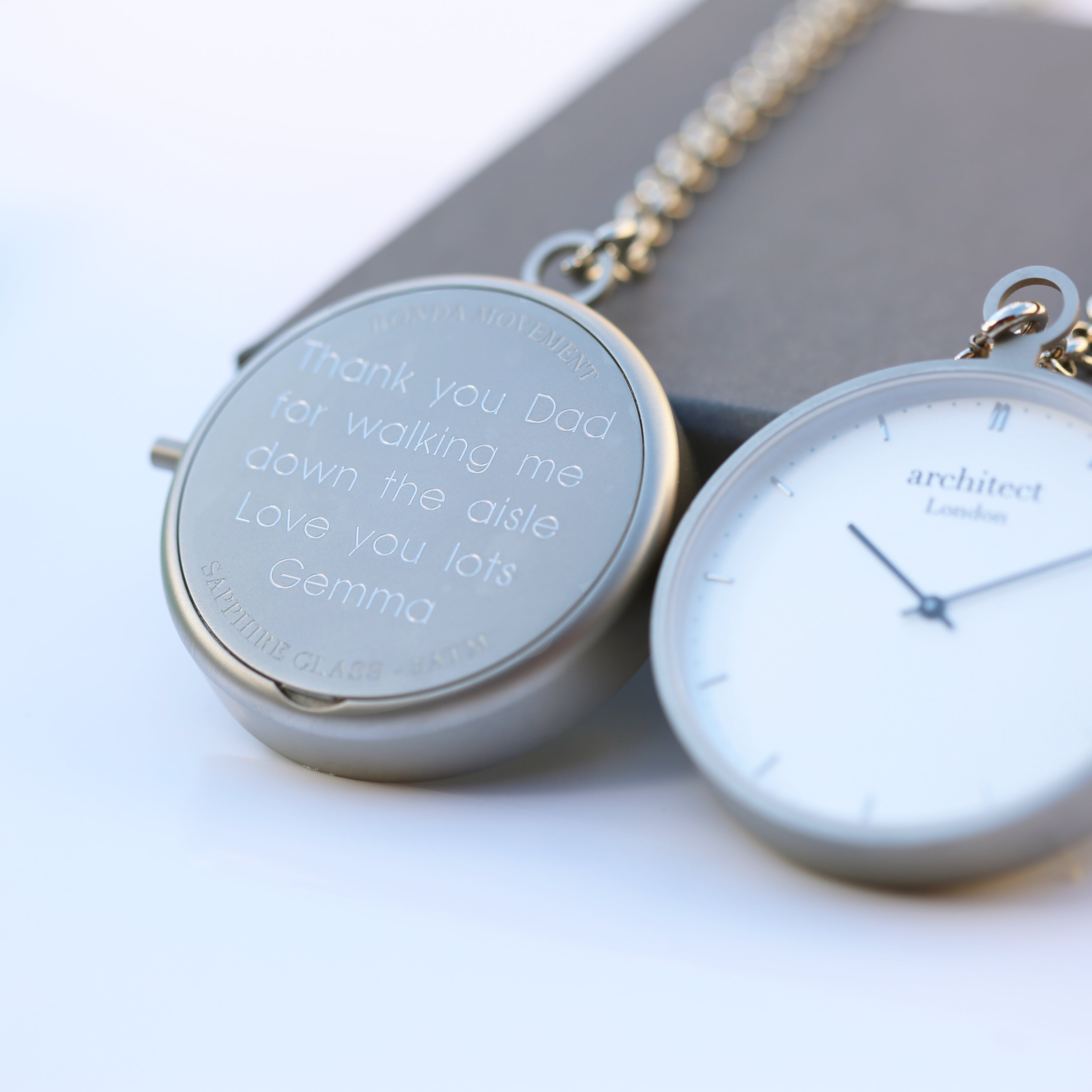 Personalised Handcrafted Pocket Watch By Architect London | Modern Font Engraving | A Personal Gift